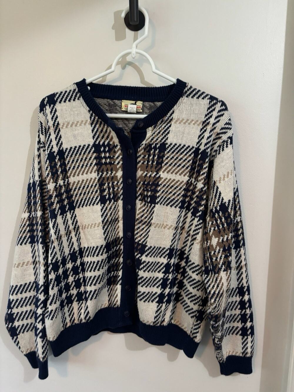 Vintage Winona Knits Plaid Combed Cotton Cardigan Sweater Women’s L USA